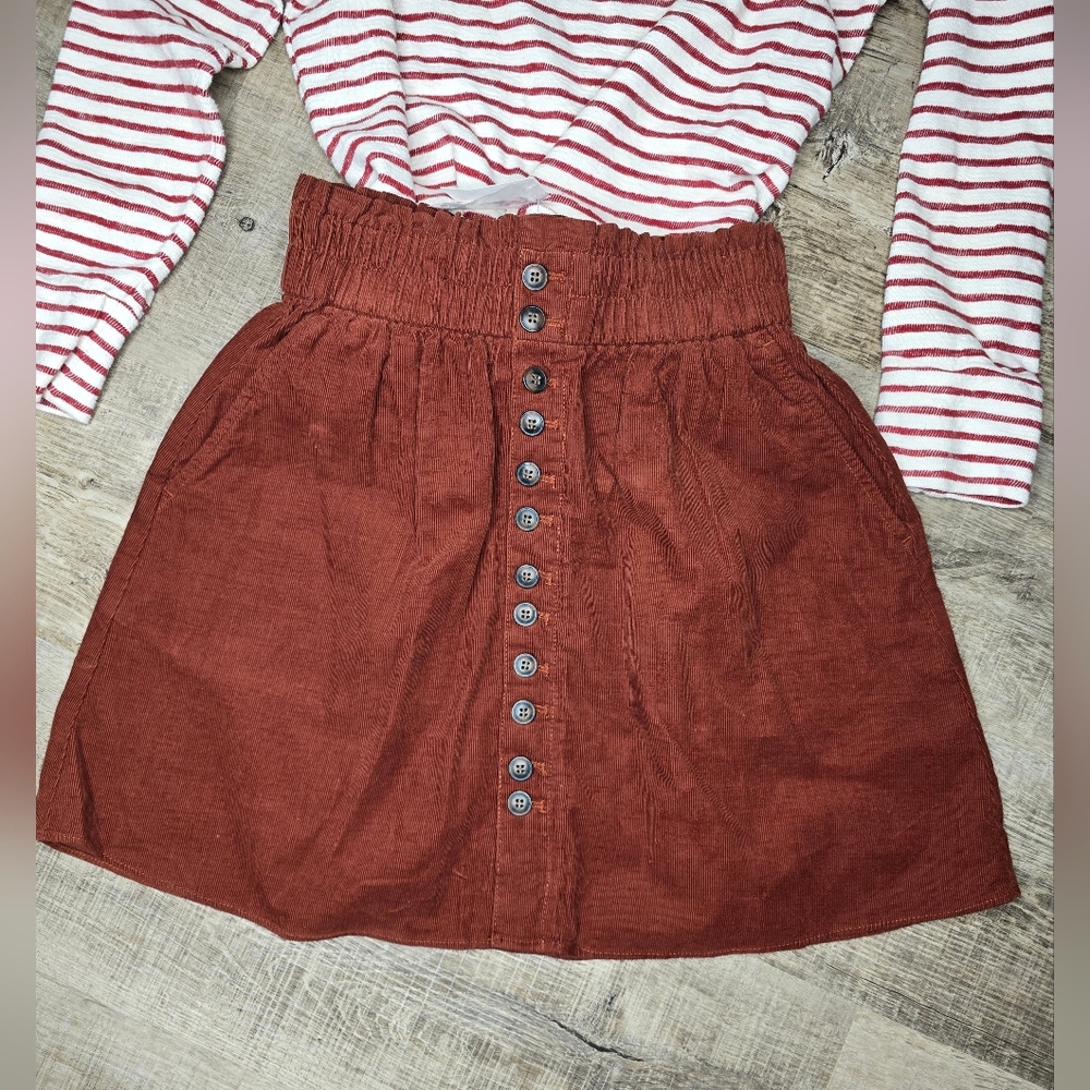 Madewell Corduroy Mini Skirt XS NWT Button Front Paperbag Waist Rust Brown